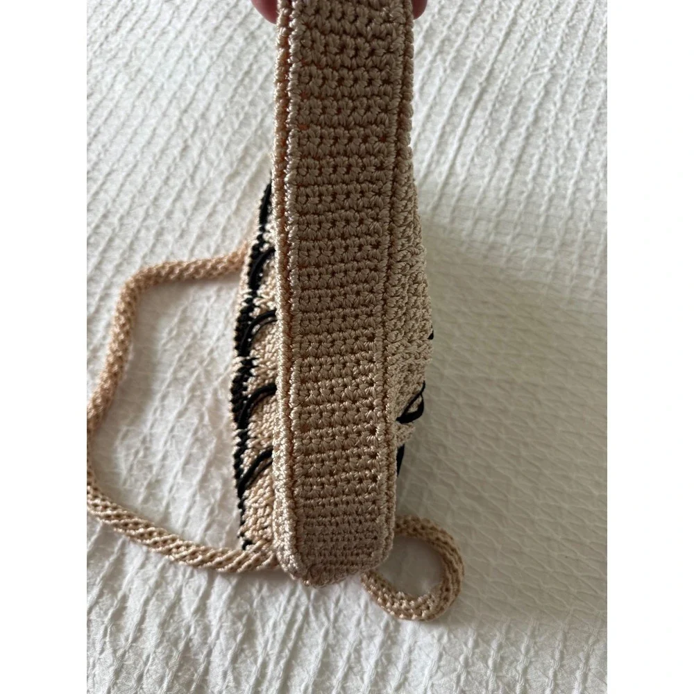 Crochet Shoulder Bag Women Small Beige Excellent Boho Woven Zipper